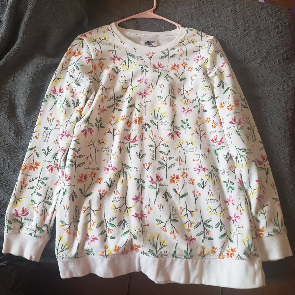 white women's sweatshirt from Lands' End, featuring a floral pattern